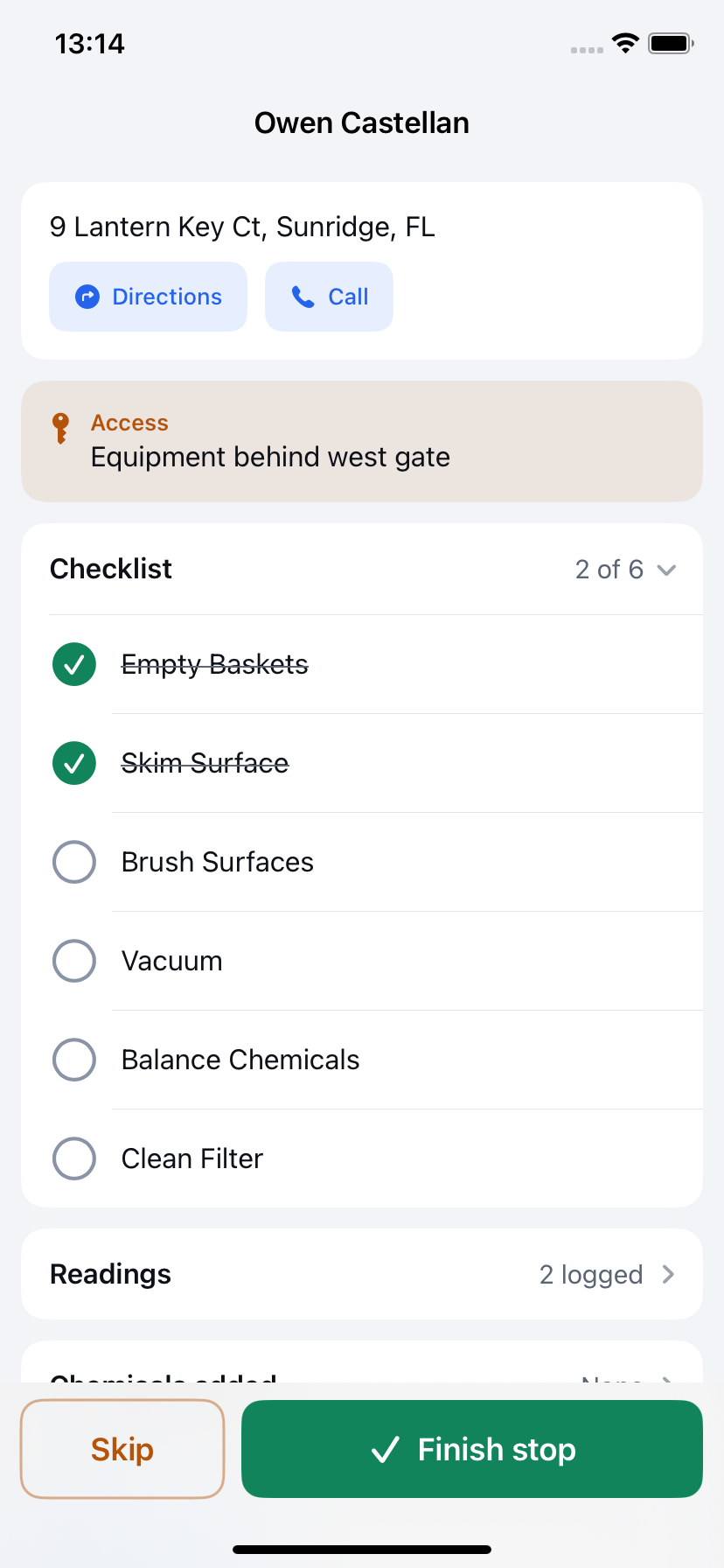 Aquasition stop screen with checklist, readings, and finish stop button